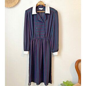 Vtg Samantha Stevens black‎ stripe button front long sleeve midi dress modest 14